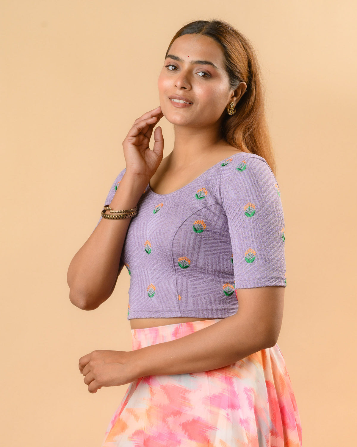 Side view of Keerti Lavender stretchable jacquard blouse with elbow sleeves by Advi - side