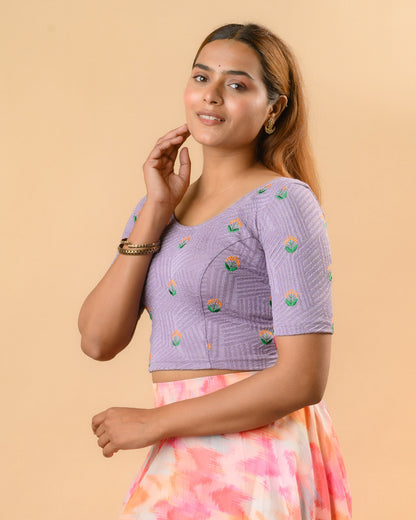 Side view of Keerti Lavender stretchable jacquard blouse with elbow sleeves by Advi - side
