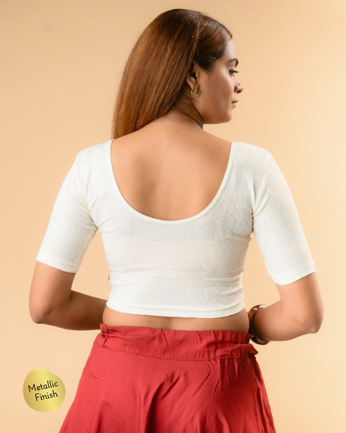Uttara cream metallic jacquard blouse showing deep round back by Advi - back