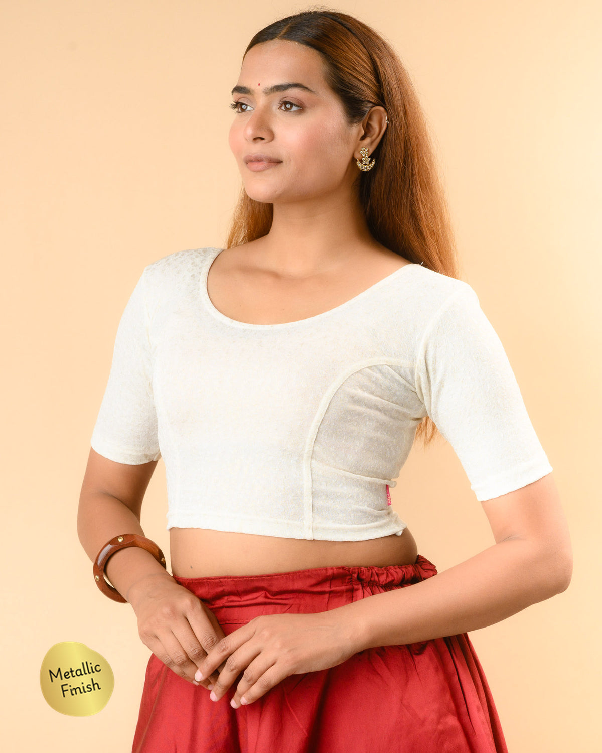 Uttara cream metallic jacquard blouse side profile with elbow sleeve by Advi - side