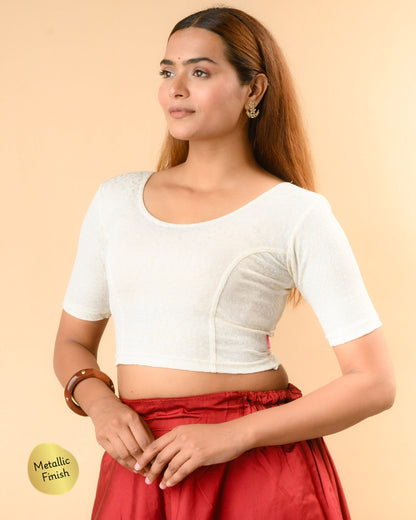 Uttara cream metallic jacquard blouse side profile with elbow sleeve by Advi - side