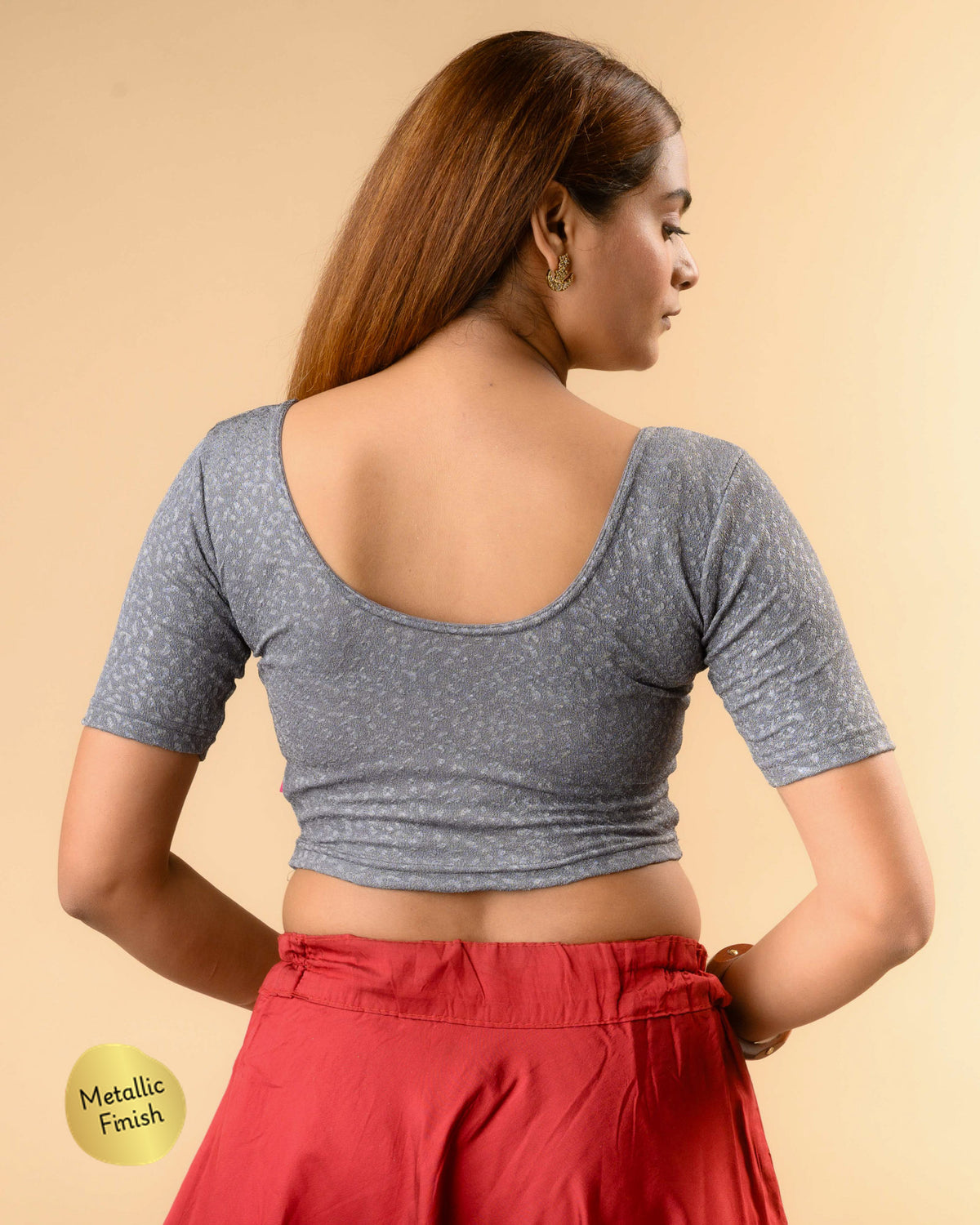 Uttara gray metallic jacquard blouse showing deep round back by Advi - back