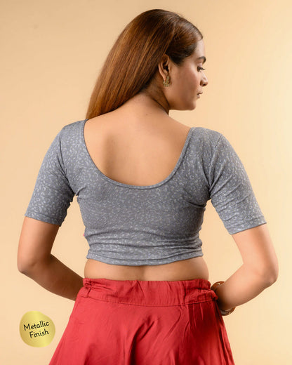 Uttara gray metallic jacquard blouse showing deep round back by Advi - back
