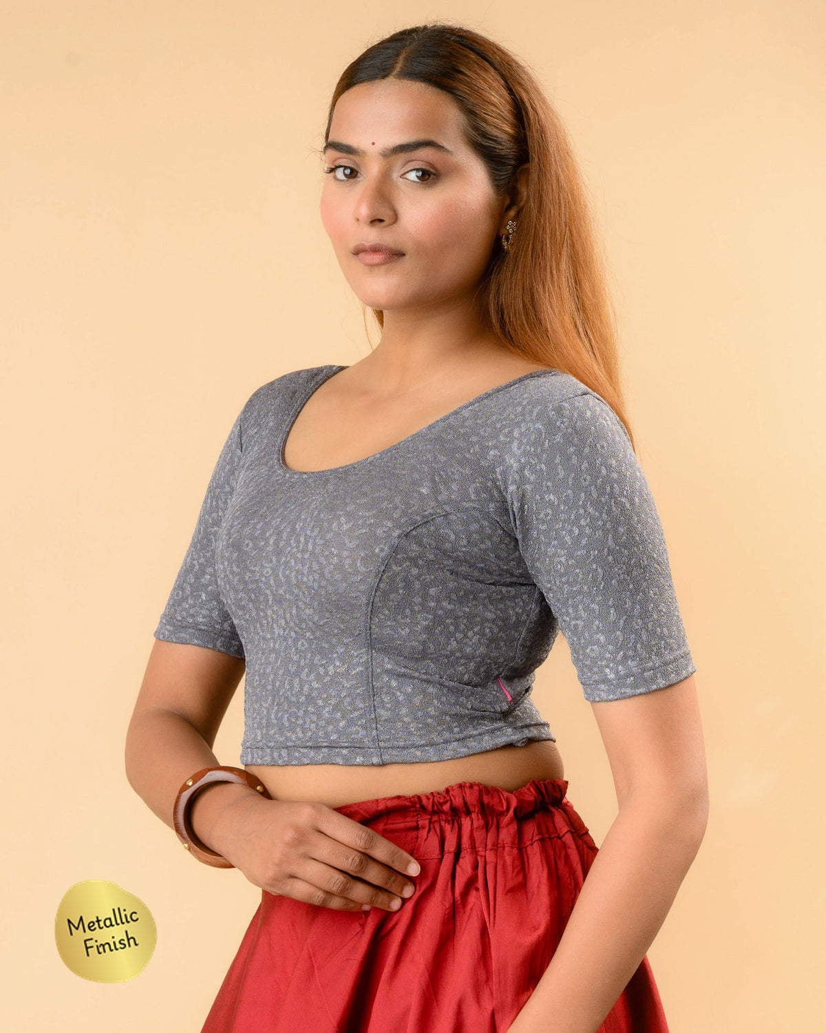 Uttara gray metallic jacquard blouse side profile with elbow sleeve by Advi - side