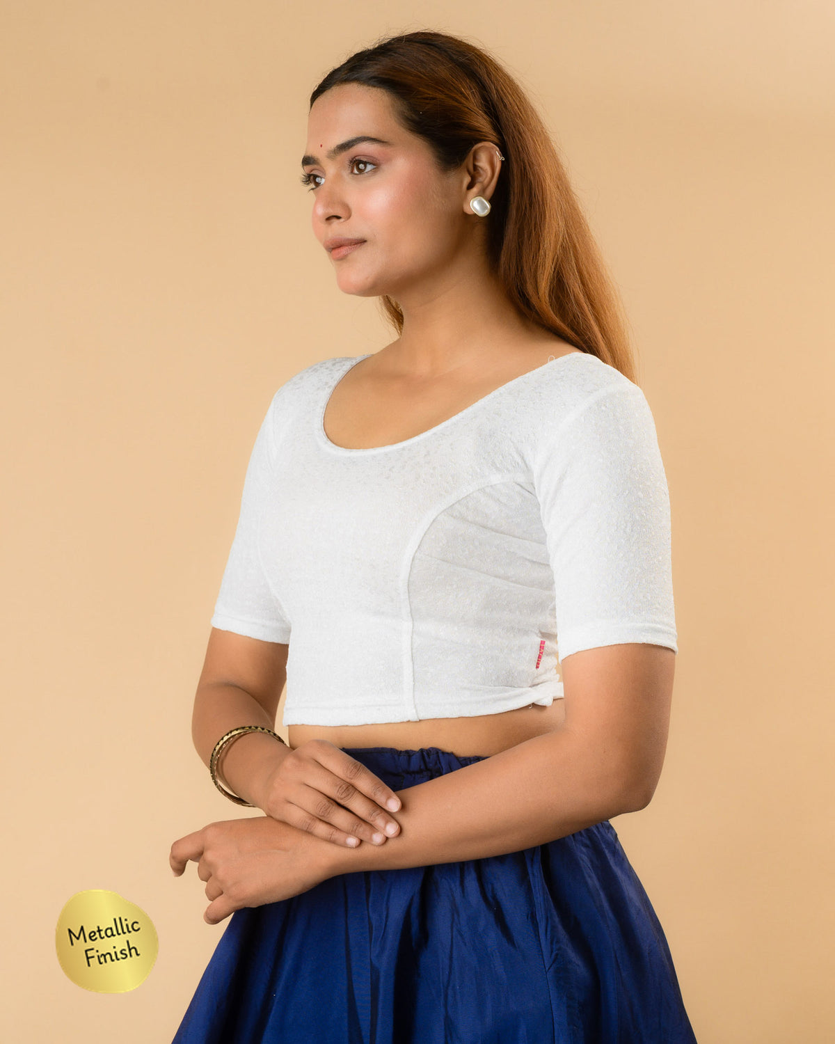 Uttara white metallic jacquard blouse side profile with elbow sleeve by Advi - side