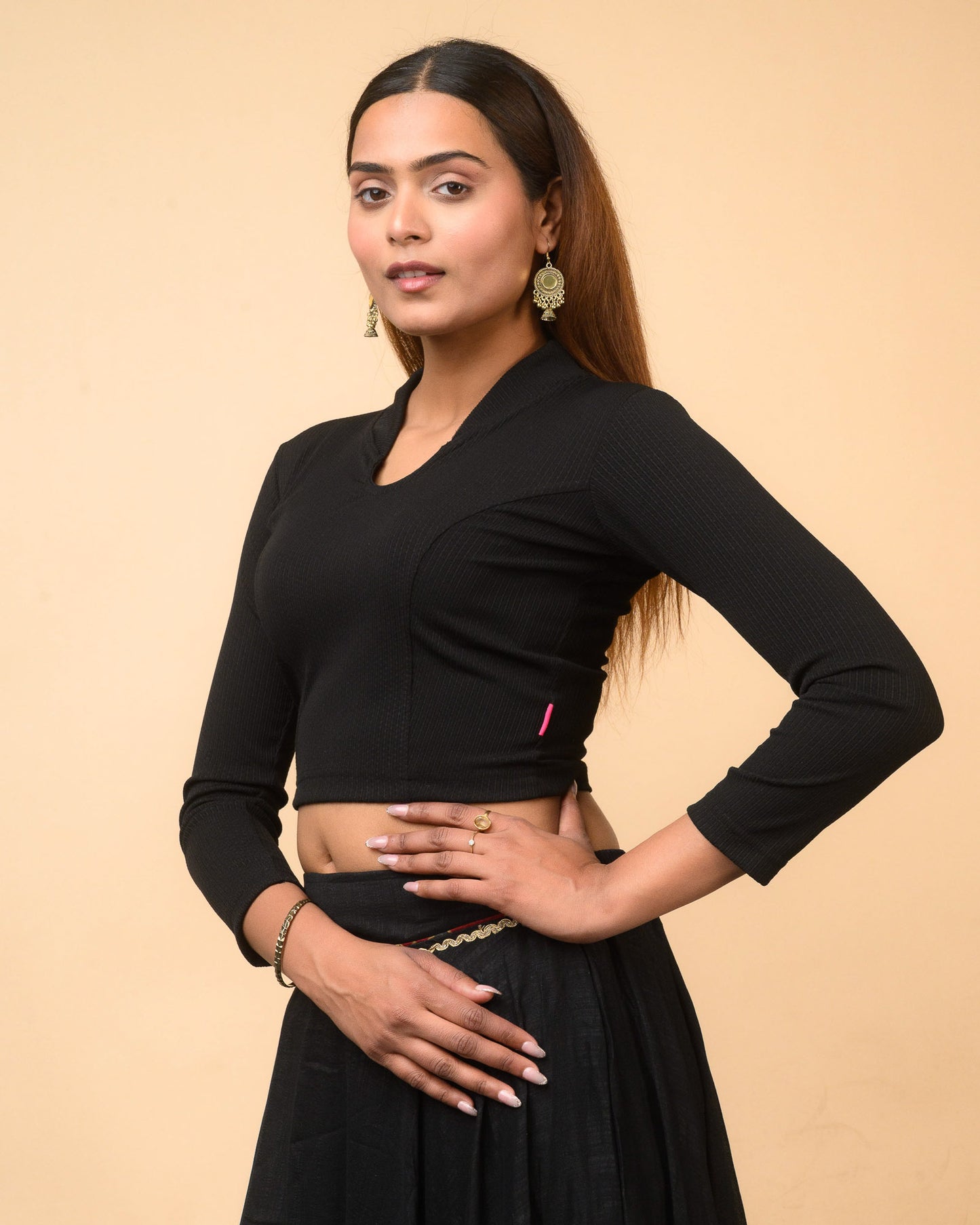 Sharad Black Shawl Collar Long Sleeve Saree Blouse Advi