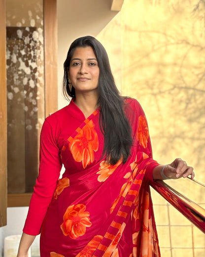 Sharad Red Shawl Collar Long Sleeve Saree Blouse Advi