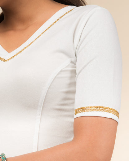 Nohreen Shimmering Solid V Neck Gold Lace Stretchable Slip On Blouse