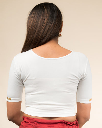 Nohreen Shimmering Solid V Neck Gold Lace Stretchable Slip On Blouse
