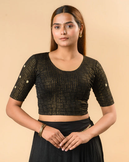 Yamini black round neck stretch blouse with gold foil checks by Advi - front