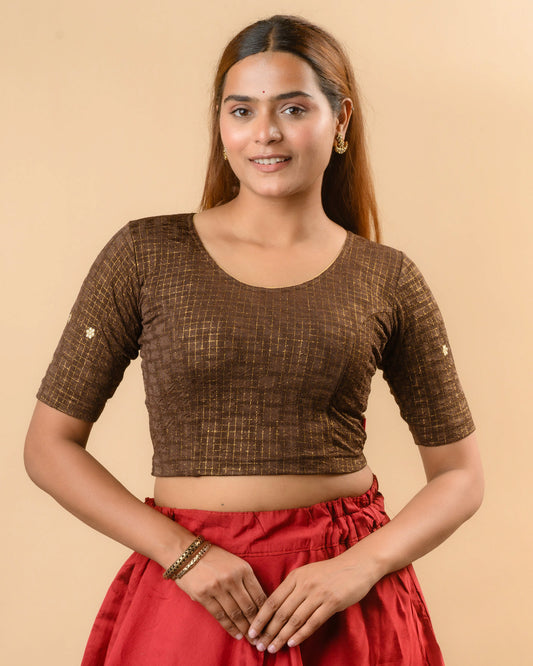 Yamini coffee brown round neck stretch blouse with gold foil checks by Advi - front