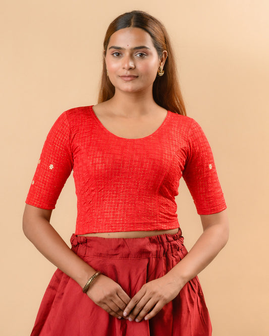 Yamini dark red round neck stretch blouse with gold foil checks by Advi - front