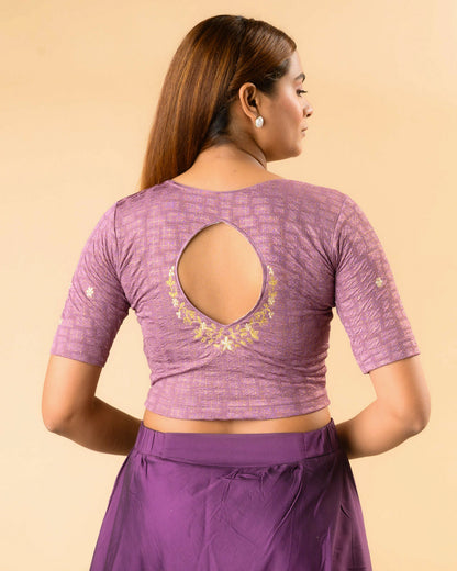 Yamini lavender blouse with teardrop keyhole and gold zari floral border by Advi - back
