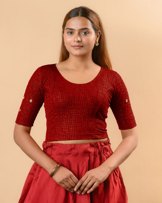 Yamini maroon round neck stretch blouse with gold foil checks by Advi - front