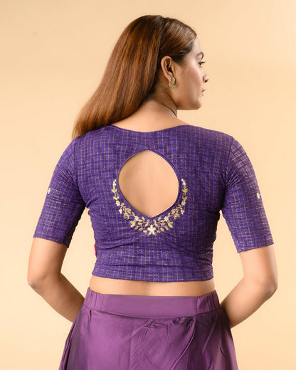 Yamini purple blouse with teardrop keyhole and gold zari floral border by Advi - back