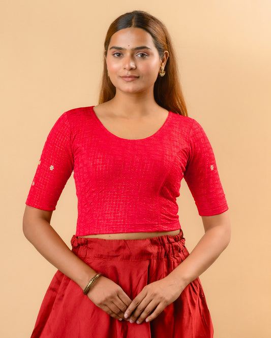 Yamini rani pink round neck stretch blouse with gold foil checks by Advi - front