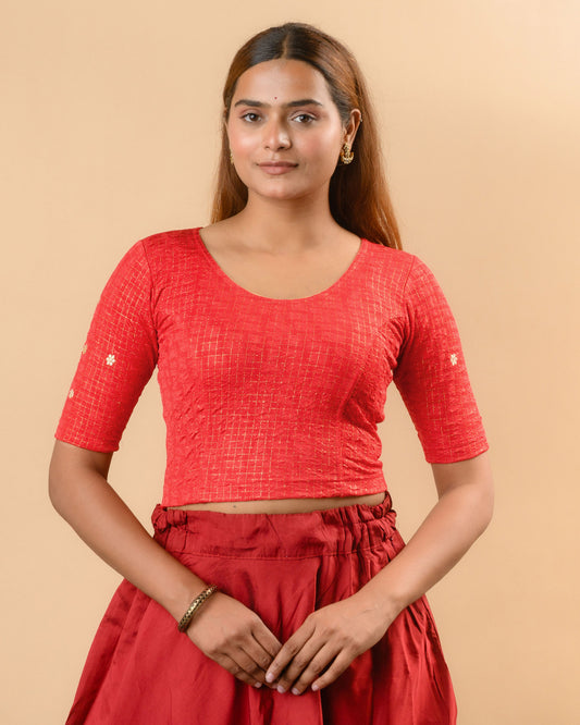 Yamini red round neck stretch blouse with gold foil checks by Advi - front