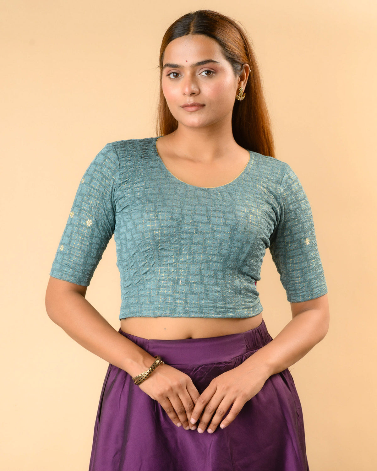 Yamini sea green round neck stretch blouse with gold foil checks by Advi - front