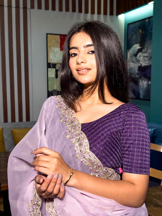 Amba Deep Purple Jacquard Blouse with Zari Stripes and Zig Zag by Advi