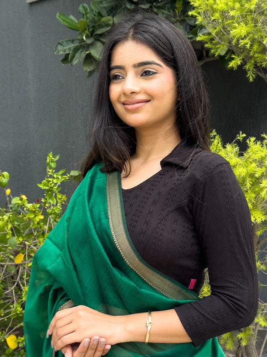 Rakhi Black Geometric Collar Long Sleeve Stretchable Blouse advi