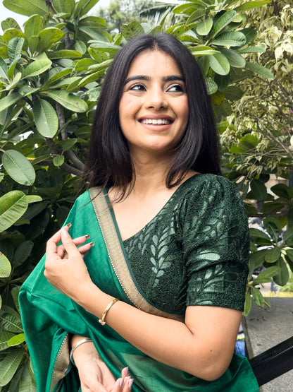 Surkh Bottle Green Metallic Emboss Blouse with Puff Sleeves | Stretchable Partywear Choli