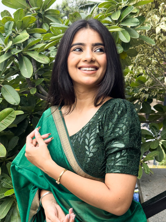 Surkh Bottle Green Metallic Emboss Blouse with Puff Sleeves | Stretchable Partywear Choli