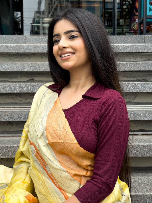 Rakhi Maroon Collar Long Sleeve Ikat Print Winter Blouse advi