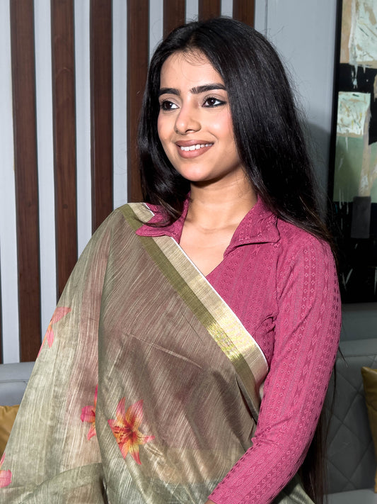 Rakhi Pink Ikat Striped Collar Long Sleeve Slip On Blouse advi