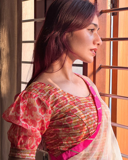 Kohima Multicolour Print Organza Puff Sleeve Stretchable Slip On Blouse