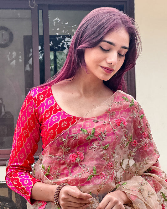 Shillong Winter Multicolour Persian Jaal Long Sleeve Stretchable Saree Blouse