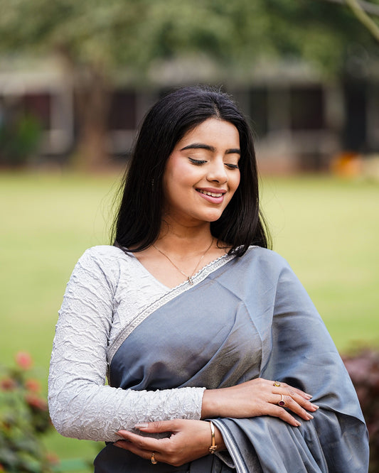 Ritu Gray Rose Textured Long Sleeve Saree Blouse Advi