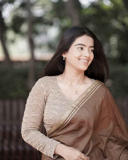 Ritu Wood Brown Rose Textured Long Sleeve Saree Blouse Advi