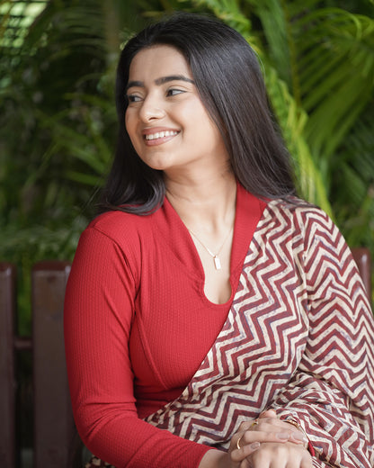 Sharad Maroon Shawl Collar Long Sleeve Saree Blouse Advi